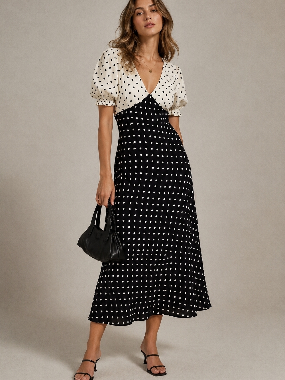 Polka Dot Black/Cream Midi Dress Short Slevees Cottagecore Parisian Eurosummer